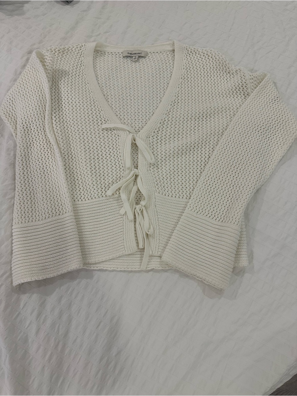 Francesca's Collections Cream Open Weave Tie-Front Cardigan